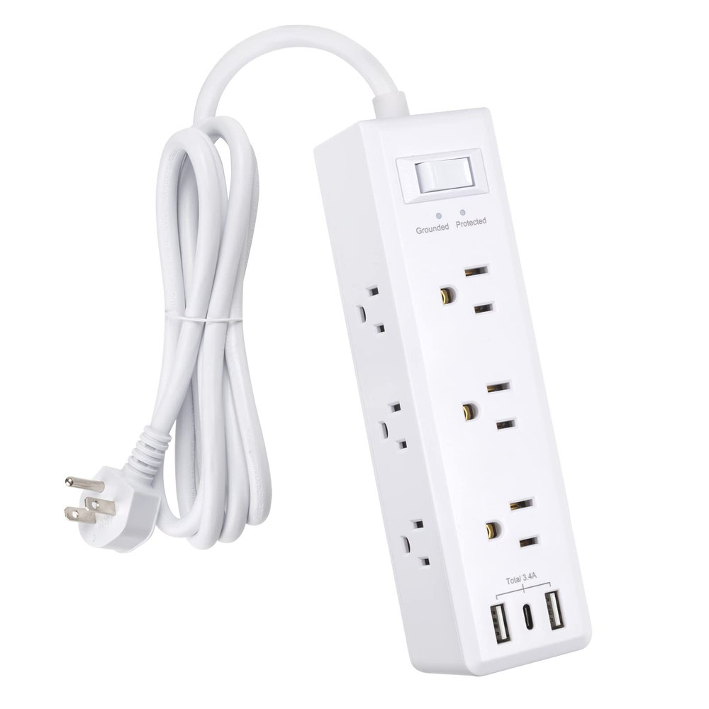 Clear Power 9-Outlet Surge Protector Power Strip with 3 USB Ports(1 USB-C), 5ft Power Cord, Flat Plug, Multi Outlets on 3 Sides, Desktop Charging Station, White, DC3S-1109-DC