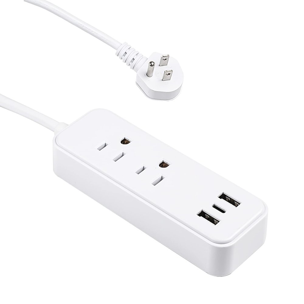 Clear Power 2-Outlet Power Strip with 3 USB Ports(1 USB-C), Flat Plug, 6 ft Power Cord, Desktop Charging Station with USB C, White, DC3S-1102-DC