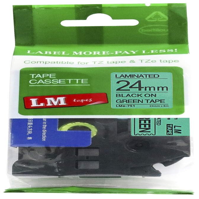 LM Tapes - Premium 1" (24mm) Black on Green Compatible TZe P-Touch Tape for use with Brother PT-P750W, PTP750W, PT750, PTP750 Ptouch Label Printer Includes Tape Size/Color Guide.