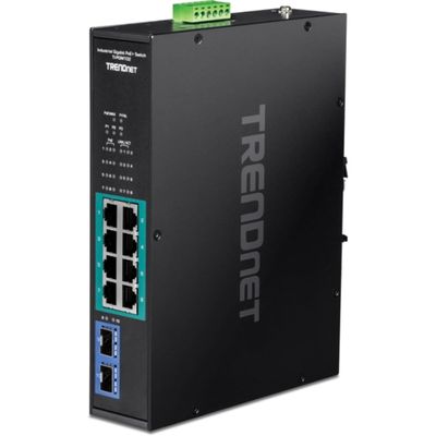 TRENDnet 10-Port Industrial Gigabit PoE+ Switch, WideTemperature Range -20 65C (-4 149F), DIN Rail Switch, 50-55V DC, 8 x Gigabit PoE+ Ports, 2 x Gigabit SFP Slots, TI-PGM102, Black
