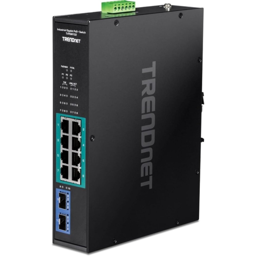 TRENDnet 10-Port Industrial Gigabit PoE+ Switch, WideTemperature Range -20  65C (-4  149F), DIN Rail Switch, 50-55V DC, 8 x Gigabit PoE+ Ports, 2 x Gigabit SFP Slots, TI-PGM102, Black