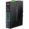 TRENDnet 10-Port Industrial Gigabit PoE+ Switch, WideTemperature Range -20  65C (-4  149F), DIN Rail Switch, 50-55V DC, 8 x Gigabit PoE+ Ports, 2 x Gigabit SFP Slots, TI-PGM102, Black view 1