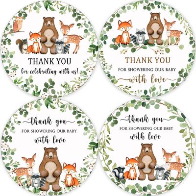 80 Woodland Thank You Favor Stickers, 2" Forest Animals Baby Shower Stickers, Woodland Baby Shower Party Decorations