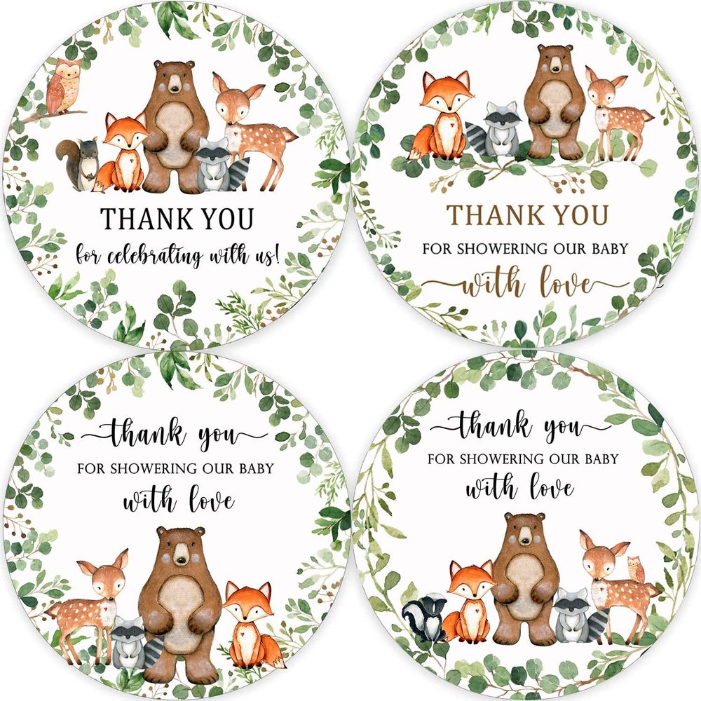 80 Woodland Thank You Favor Stickers, 2" Forest Animals Baby Shower Stickers, Woodland Baby Shower Party Decorations
