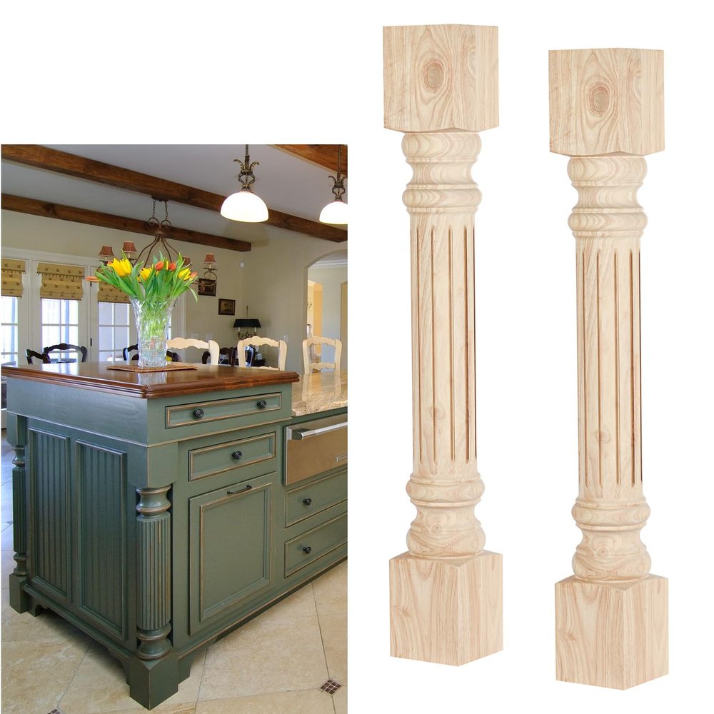Btowin 35 1/2-inch H 3 1/2-inch W 3 1/2-inch D Wooden Kitchen Island Legs, 2Pcs Wood Carved Fluted Cabinet Columns,Unfinished Massive Replacement Feet for Large Dining Table Kitchen Counter Vanities