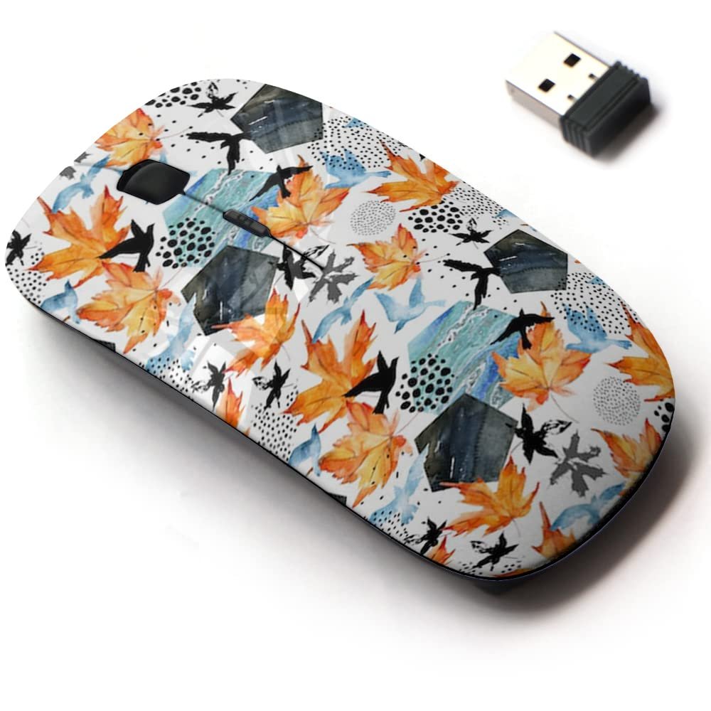 2.4G Wireless Mouse with Cute Pattern Design for All Laptops and Desktops with Nano Receiver - Autumn Watercolor Leaves Bird