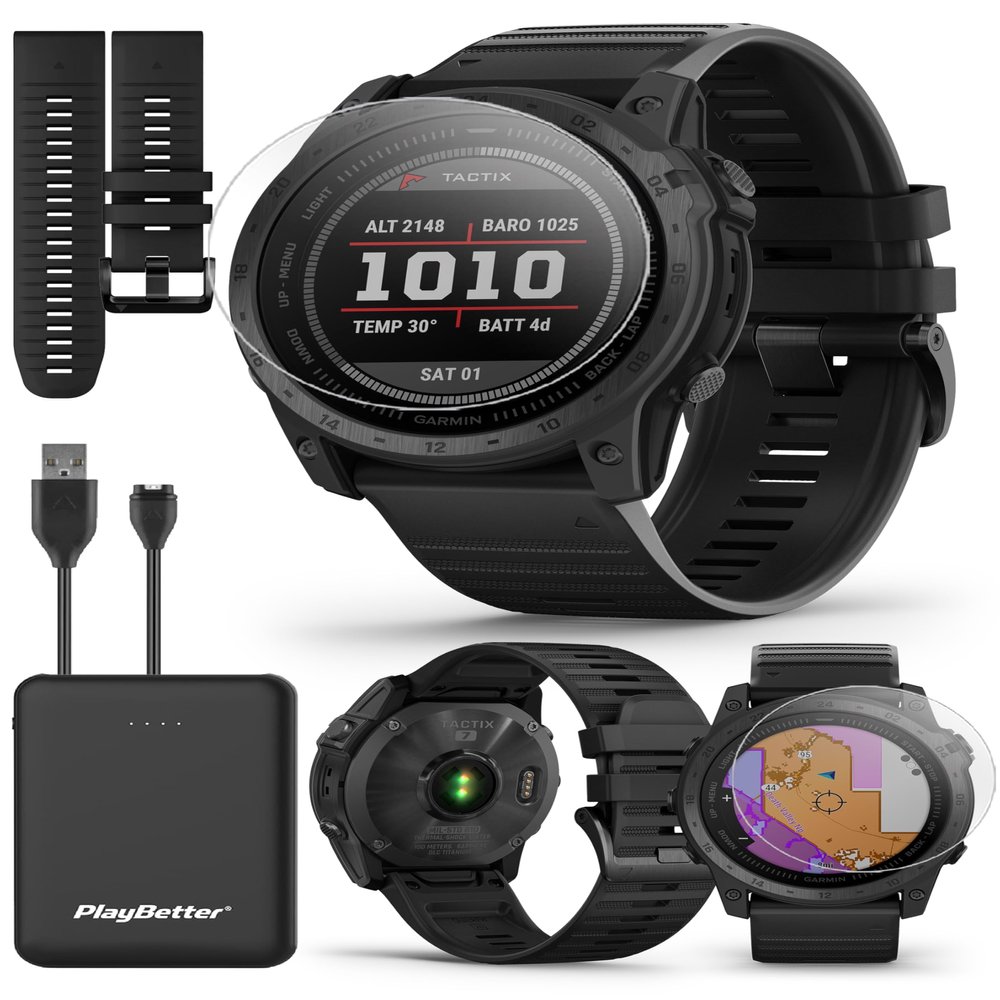 Garmin tactix 7 Tactical GPS Watch | Power Bundle with tactix Screen Protectors & Portable Charger | Specialized Military Men's Watch with Built-in Flashlight, Mapping, Compass, & Heart Rate Monitor