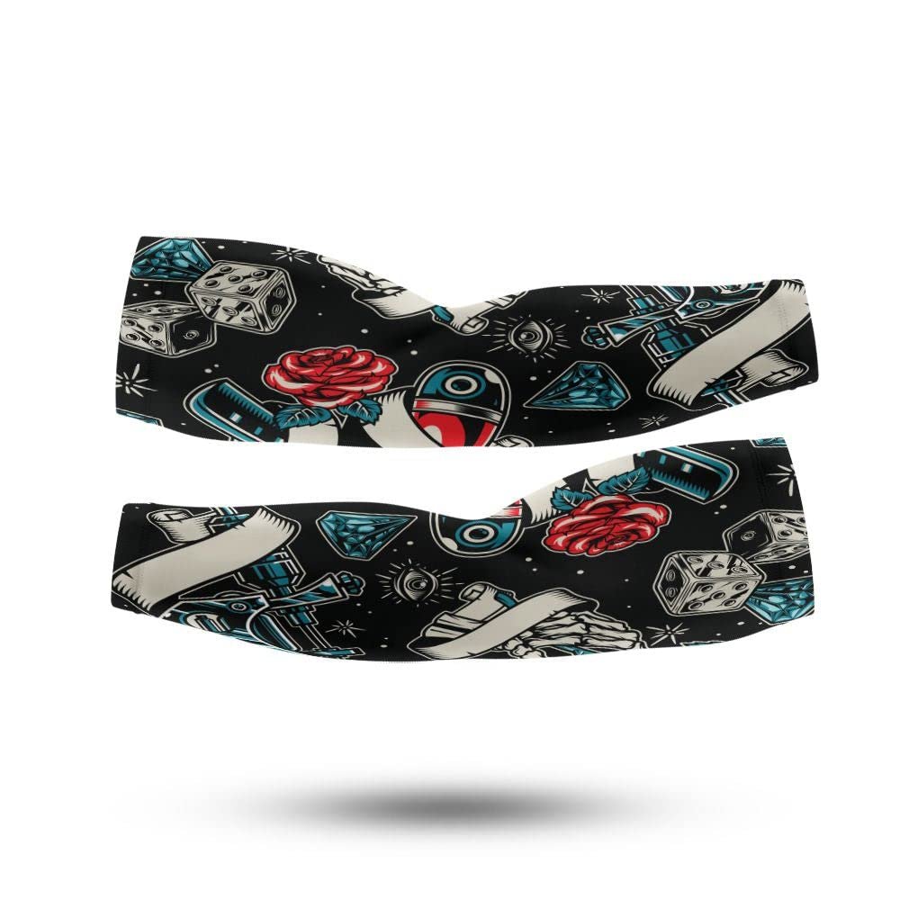 Arm Sleeves, Barber Tattoo Pattern Printed, UV Protection, Arm Warmers for Men and Woman Size Small-Medium, Athletic Sleeves for Arms Men Women, Cover Up for Cycling Fishing Baseball Basketball