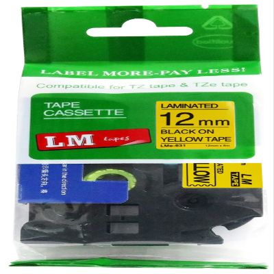 LM Tapes - Premium 1/2" (12mm) Black on Yellow Compatible TZe P-Touch Tape for use with Brother PT-E105, PTE105, PT-E110, PTE110 Ptouch Label Printer Includes Tape Size/Color Guide.