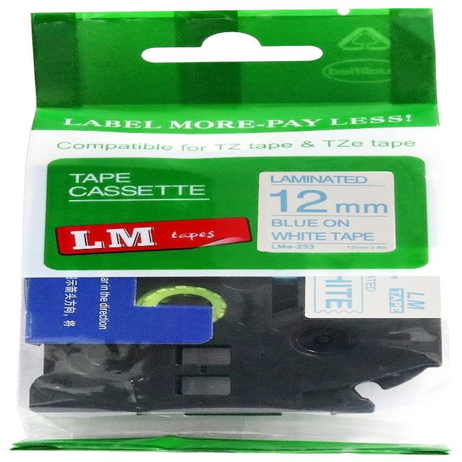 LM Tapes - Premium 1/2" (12mm) Blue on White Compatible TZe P-Touch Tape for use with Brother PT-2200, PT2200, PT-2210, PT2210 Label Maker Includes Tape Size/Color Guide.