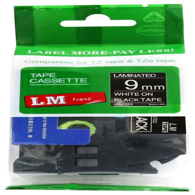 LM Tapes - Premium 3/8" (9mm) White on Black Compatible TZe P-Touch Tape for use with Brother PT-H100, PTH100, PT-H110, PTH110 Ptouch Label Printer Includes Tape Size/Color Guide.
