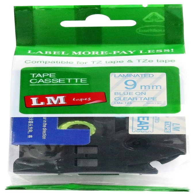 LM Tapes - Premium 3/8" (9mm) Blue on Clear Compatible TZe P-Touch Tape for use with Brother PT-1000, PT1000 Ptouch Label Printer Includes Tape Size/Color Guide.