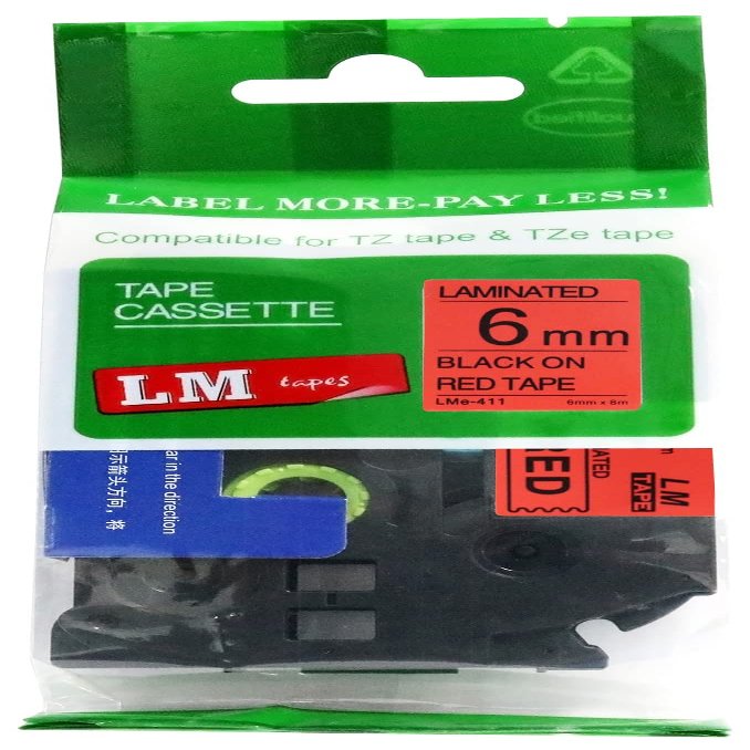 LM Tapes - Premium 1/4" (6mm) Black on Red Compatible TZe P-Touch Tape for use with Brother PT-1000, PT1000 Ptouch Label Printer Includes Tape Size/Color Guide.