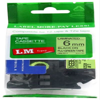 LM Tapes - Premium 1/4" (6mm) Black on Fluorescent Green Compatible TZe P-Touch Tape for use with Brother PT-1130, PT1130 Ptouch Label Printer Includes Tape Size/Color Guide.