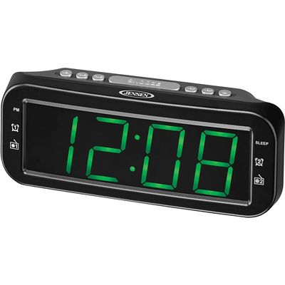 JENSEN JCR-206 Digital AM/FM Dual Alarm Clock Radio, Simple, Sleek Design with Large 1.8 Green LED Display, Aux Input, and Built-in Speaker
