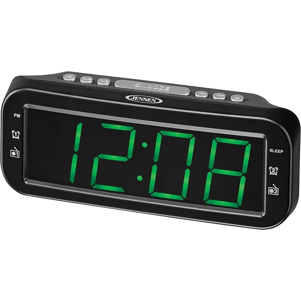 JENSEN JCR-206 Digital AM/FM Dual Alarm Clock Radio, Simple, Sleek Design with Large 1.8 Green LED Display, Aux Input, and Built-in Speaker