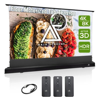 Akia Screens 102 Motorized Floor Rising Projector Screen with Remote, Tab-Tension CineWhite, UST Short & Standard Throw, Home Theater, AK-FMT102UH2