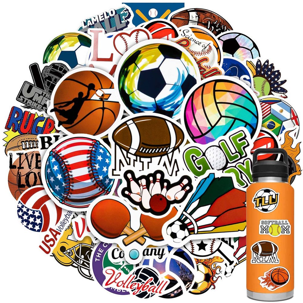 100PCS Sports Stickers - Water Bottle Stickers for Kids Boys Teens, Assorted Sport Theme Stickers Include Volleyball Soccer Basketball Baseball, Vinyl Stickers Bulk for Hydroflask Skateboard Laptop
