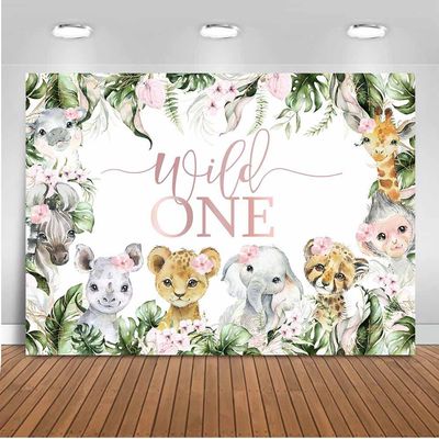Mocsicka Safari Girl Wild One Backdrop Jungle Safari Animals Happy 1st Birthday Party Decorations for Girls Greenery Leaves Floral First Birthday Photography Background (8x6ft)