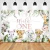 Mocsicka Safari Girl Wild One Backdrop Jungle Safari Animals Happy 1st Birthday Party Decorations for Girls Greenery Leaves Floral First Birthday Photography Background (8x6ft) view 2