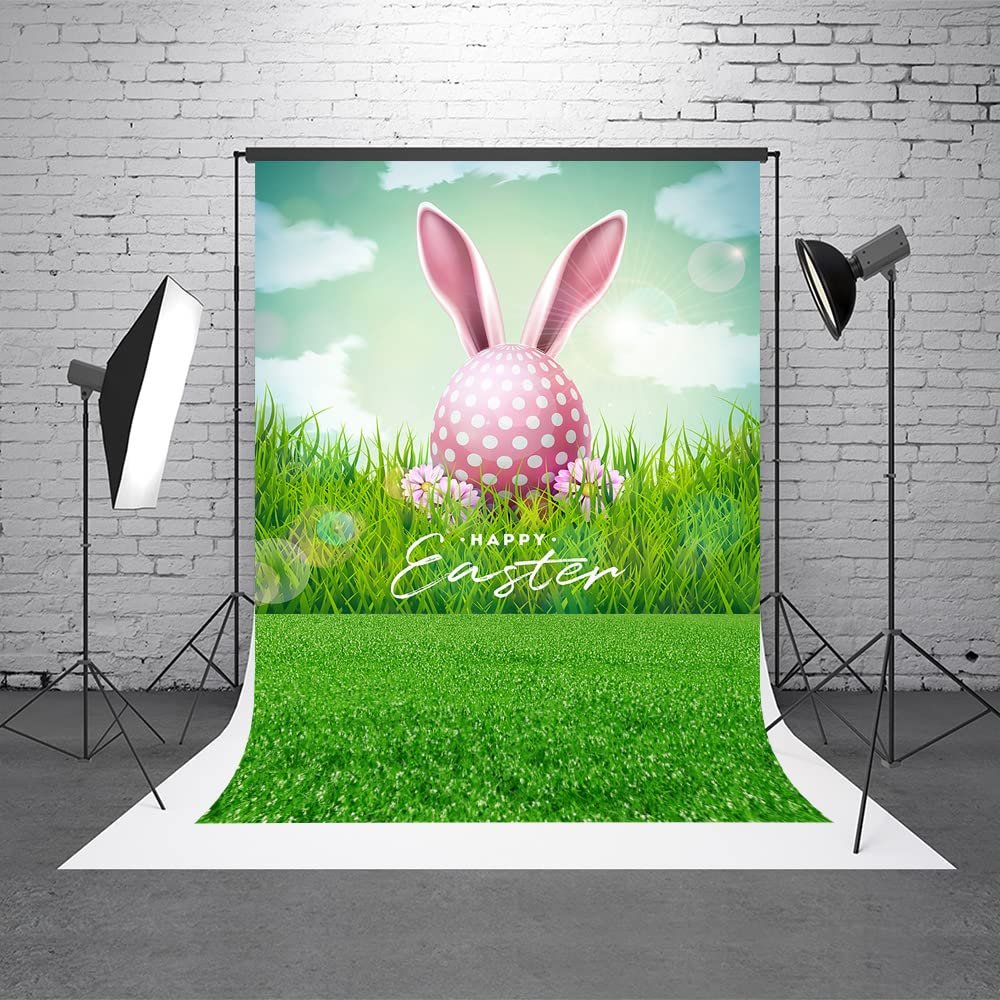 10x20ft Green Grass Pink Rabbit Happy Easter Day Photography Backdrops Spring Photo Studio Background for Easter Party