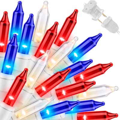 LAMPHOME Red White Blue String Lights, 63.8Ft 300 White Wire Fairy Lights, 4th of July Patriotic Lights, Memorial Day Outdoor Fairy Lights for Independence Day Patriotic Decor