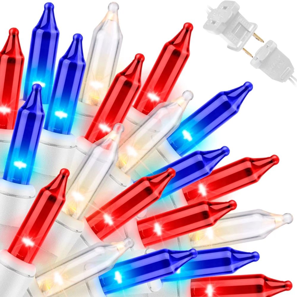 LAMPHOME Red White Blue String Lights, 63.8Ft 300 White Wire Fairy Lights, 4th of July Patriotic Lights, Memorial Day Outdoor Fairy Lights for Independence Day Patriotic Decor