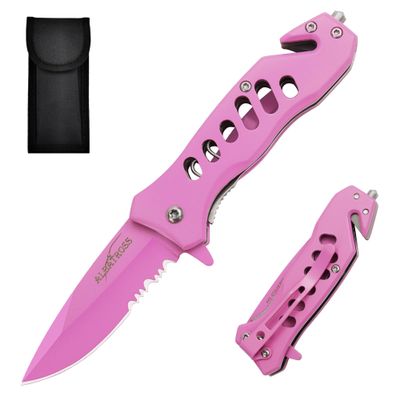 ALBATROSS Folding Knife - Multifunctional Pocket Knife with Liner Lock, Pocket Clip, Glass Breaker & Seatbelt Cutter - 440 Stainless Steel Blade for Outdoor, CampingDayuse, FK003-35SD (Pink)