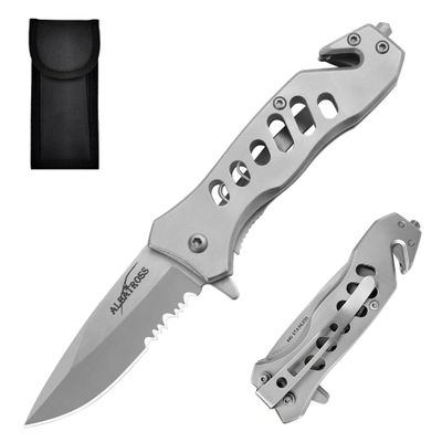 ALBATROSS Folding Knife - Multifunctional Pocket Knife with Liner Lock, Pocket Clip, Glass Breaker & Seatbelt Cutter - 440 Stainless Steel Blade for Outdoor, CampingDayuse, FK003-35SD (Grey)