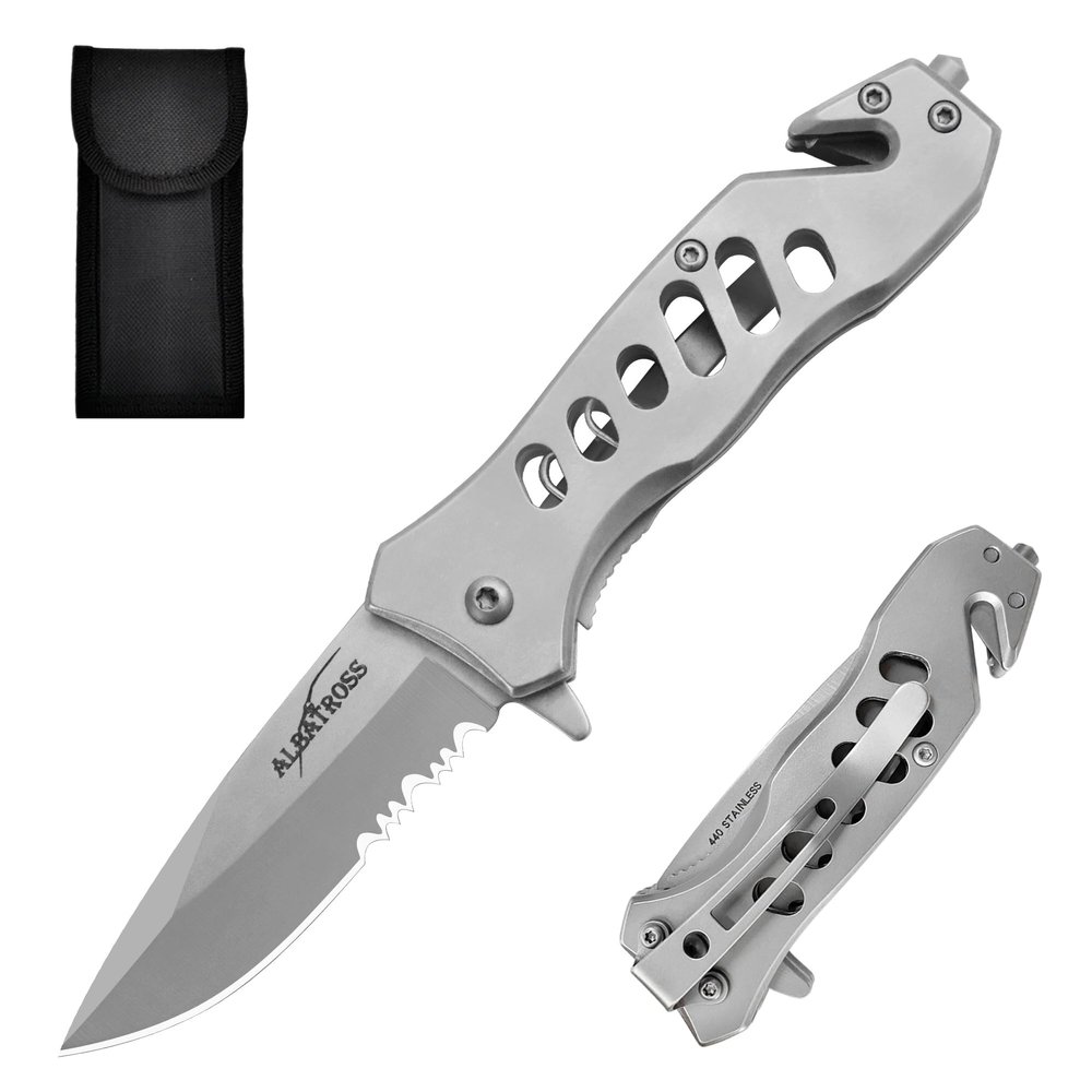 ALBATROSS Folding Knife - Multifunctional Pocket Knife with Liner Lock, Pocket Clip, Glass Breaker & Seatbelt Cutter - 440 Stainless Steel Blade for Outdoor, CampingDayuse, FK003-35SD (Grey)
