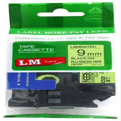 LM Tapes - Premium 3/8" (9mm) Black on Fluorescent Green Compatible TZe P-Touch Tape for use with Brother PT-1400, PT1400 Label Maker Includes Tape Size/Color Guide.