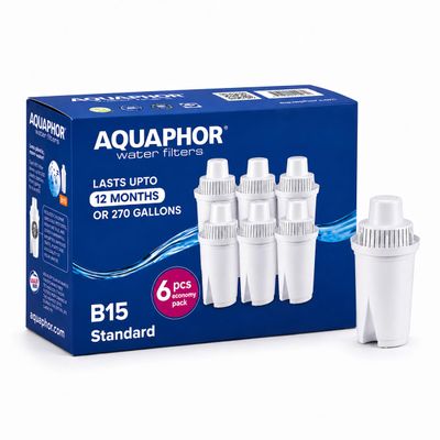 AQUAPHOR B15 Water Filter Replacement - 6 Pack | Fast Flow Water Filtration | Lasts 2 Months or 45 Gallons Per Filter | BPA-Free | Reduces Chlorine & Heavy Metals | Improved Taste & Filtered Water