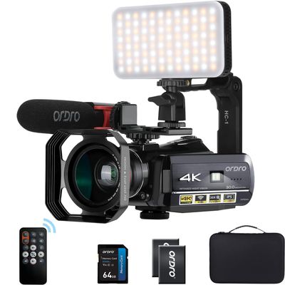 ORDRO UHD 4K Video Camera IR Night Vision Vlogging Camera for YouTube Digital Zoom Recorder with Microphone, Wide Angle Lens, LED Video Light, Handheld Stabilizer, Carrying Case,64GB Memory Card