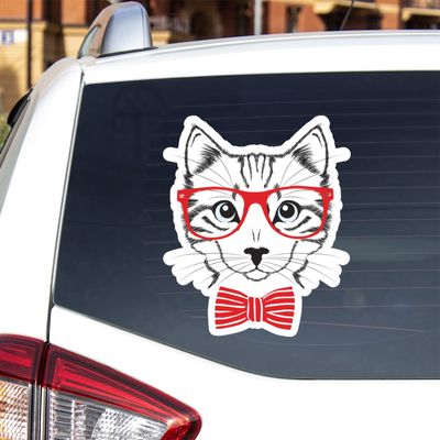 Cat Kitty Vinyl Decal Sticker Black Red Bow Tie Glasses for Car Boat Laptop Reflective Glossy Choose Size (4'' x 3.4" (10.2cm x 8.7cm), Reflective)