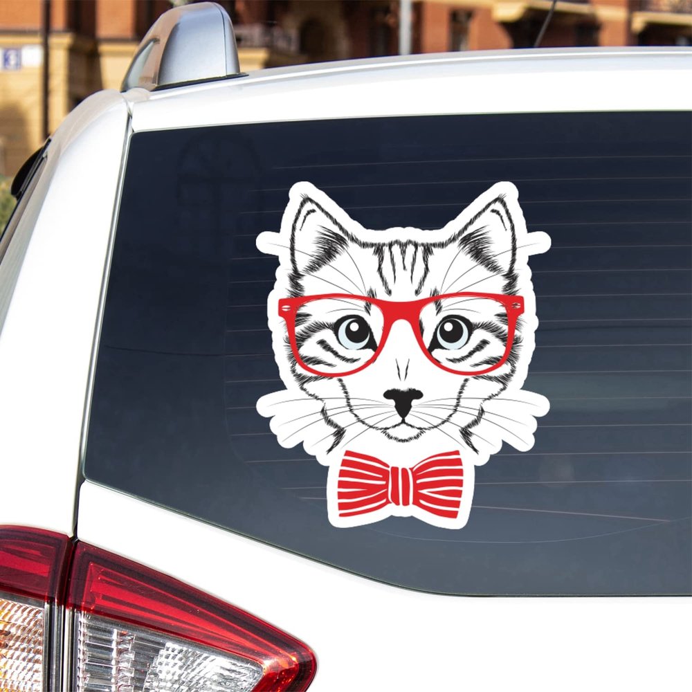 Cat Kitty Vinyl Decal Sticker Black Red Bow Tie Glasses for Car Boat Laptop Reflective Glossy Choose Size (4'' x 3.4" (10.2cm x 8.7cm), Reflective)