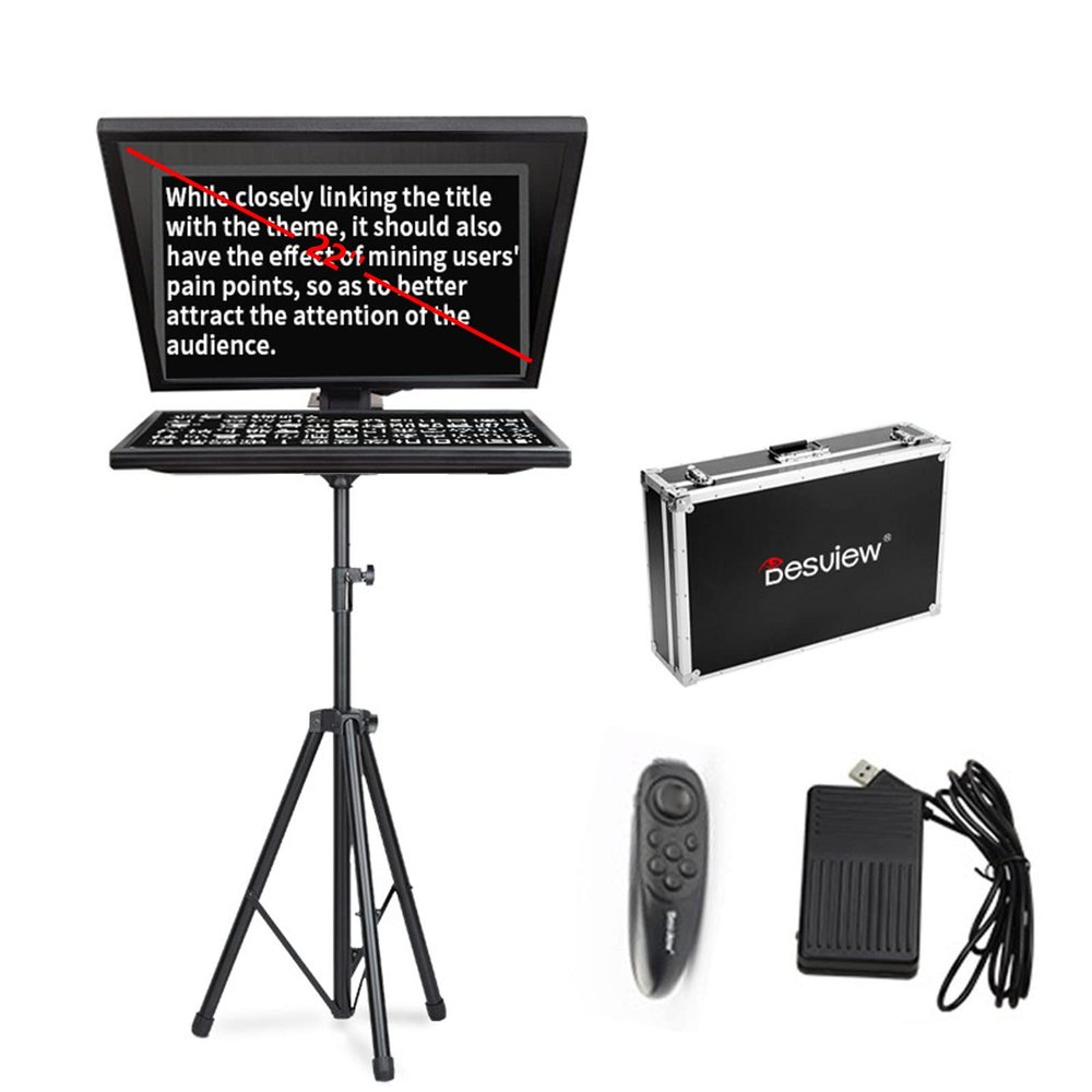 Desview 22inch Teleprompter Computer Laptop Prompter Support Word TXT PDF for DSLR Professional Cameras Video Recording News Live Interview, with Tripond, Suitcase, Wireless Remote and Foot Control