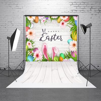 10x20ft White Wood Wall Easter Photography Backdrops Pink Rabbit Colorful Flowers Happy Easter Photo Booth Prop Background