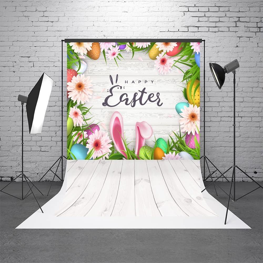 10x20ft White Wood Wall Easter Photography Backdrops Pink Rabbit Colorful Flowers Happy Easter Photo Booth Prop Background