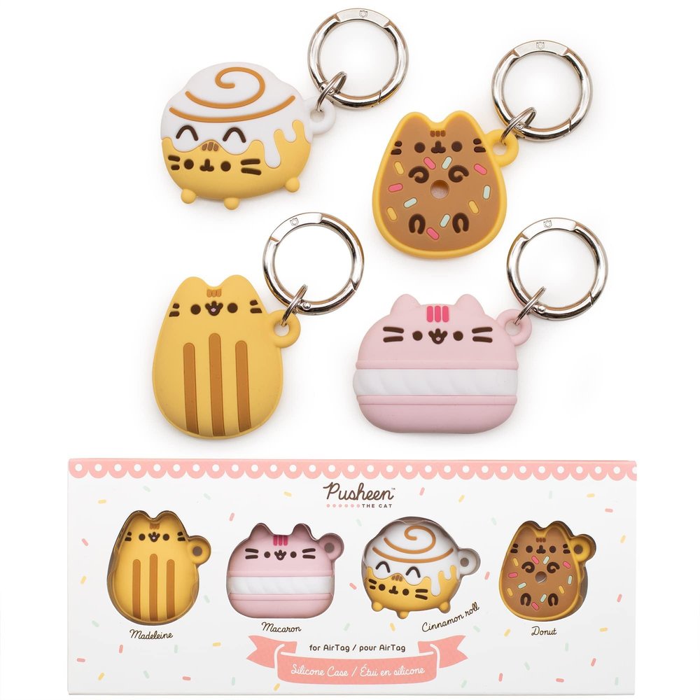 iFace x Pusheen Caf Series Silicone Protective Cover [ Compatible with Apple AirTag][Cute Character Case] [Carabiner Keychain Clip Included] - Set of 4 in Gift Box