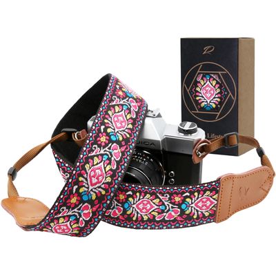 Padwa Lifestyle Pink Vintage Embroidered Camera Strap - 2" Wide Cowhide Head Camera Straps,Cotton Woven Adjustable Shoulder & Neck Strap for All DSLR Cameras,Great Gift for Men&Women Photographers
