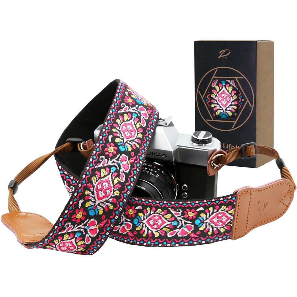 Padwa Lifestyle Pink Vintage Embroidered Camera Strap - 2" Wide Cowhide Head Camera Straps,Cotton Woven Adjustable Shoulder & Neck Strap for All DSLR Cameras,Great Gift for Men&Women Photographers