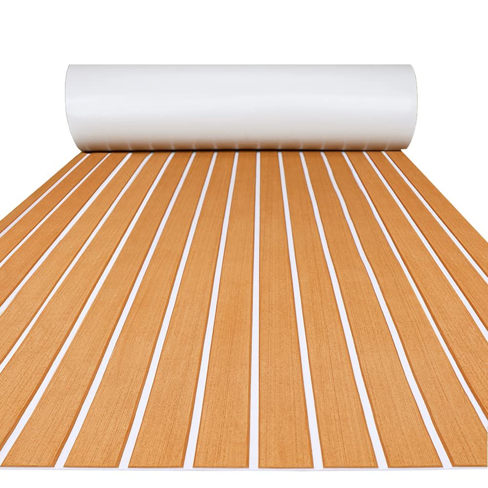 FOCEAN Boat Flooring EVA Foam Boat Decking Faux Teak Marine Flooring Marine Mat Sheet for Motorboat RV Yacht Kayak Surfboard, 94.5''x 15.7'', Brown with White Lines