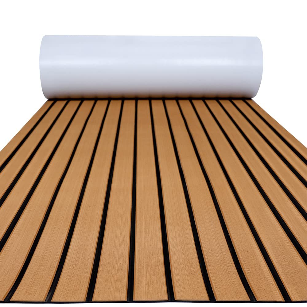 FOCEAN Boat Flooring EVA Foam Boat Decking Faux Teak Marine Flooring Marine Mat Sheet for Motorboat RV Yacht Kayak Surfboard, 94.5''x 23.6'', Brown with Black Lines