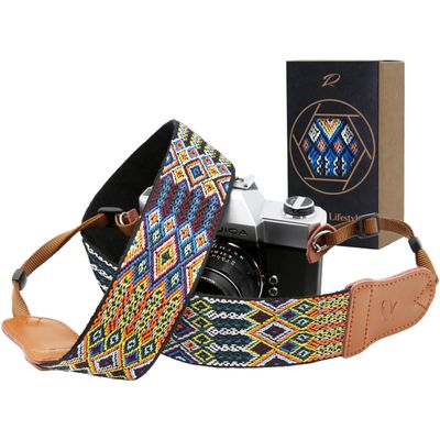 Padwa Lifestyle Colorful Camera Strap for Photographers - Double Layer Cowhide Ends,2" Pure Cotton Embroidered Woven Camera Straps,Universal Neck & Shoulder Strap Adjustable for All DSLR Cameras