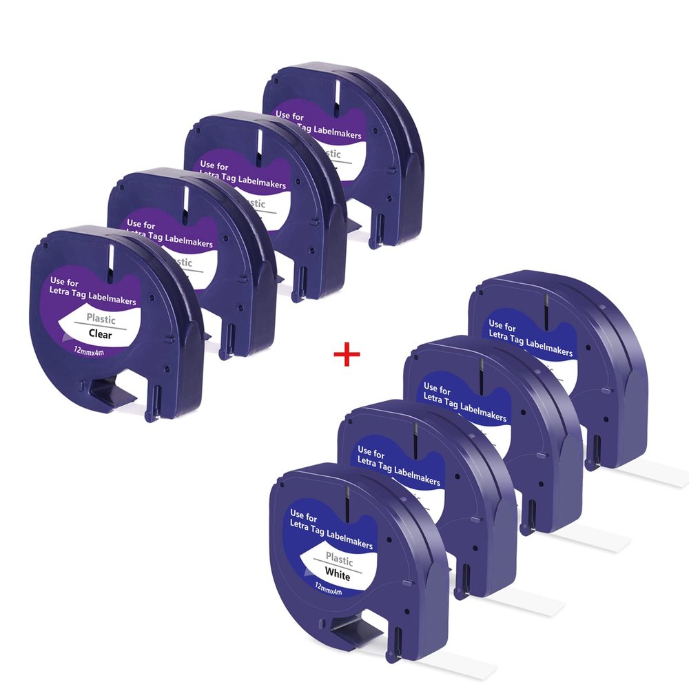 4 Clear+4 White Compatible Label Tape Replacement for DYMO Letratag Refills Plastic 16952 91331 for DYMO LetraTag Label Maker LT100H LT100T Plus QX50, 8 Pack
