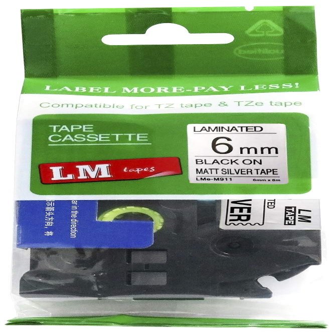 LM Tapes - Premium 1/4" (6mm) Black on Matte Silver Compatible TZe P-Touch Tape for use with Brother PT-1760, PT1760 Ptouch Label Printer Includes Tape Size/Color Guide.