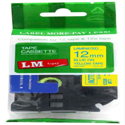 LM Tapes - Premium 1/2" (12mm) Blue on Yellow Compatible TZe P-Touch Tape for use with Brother PTE300, PT-E300 Label Maker Includes Tape Size/Color Guide.