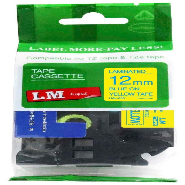 LM Tapes - Premium 1/2" (12mm) Blue on Yellow Compatible TZe P-Touch Tape for use with Brother PTE300, PT-E300 Label Maker Includes Tape Size/Color Guide.