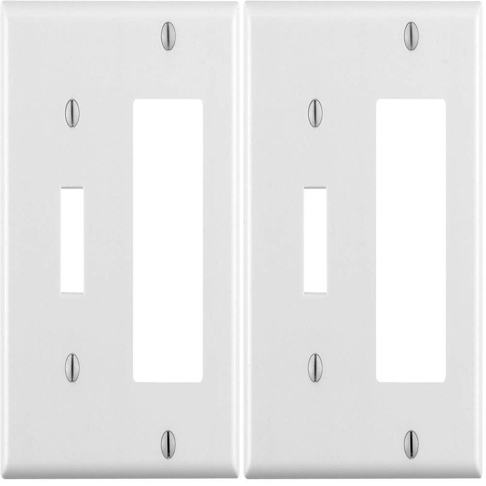 Leviton 80405-W 2-Gang 1-Toggle 1-Decora/GFCI Device Combination Wallplate, Standard Size, Thermoset, Device Mount, White (Pack of 2)