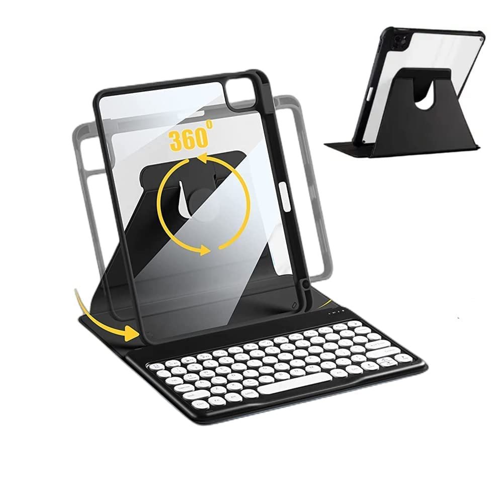 AnMengXinLing Keyboard Case for iPad 9th/8th /7th Generation, Rotating Case for iPad 10.2 2021/2020/2019 with Keyboard, Detachable Round Keys Clear Cover with Pencil Holder, Black